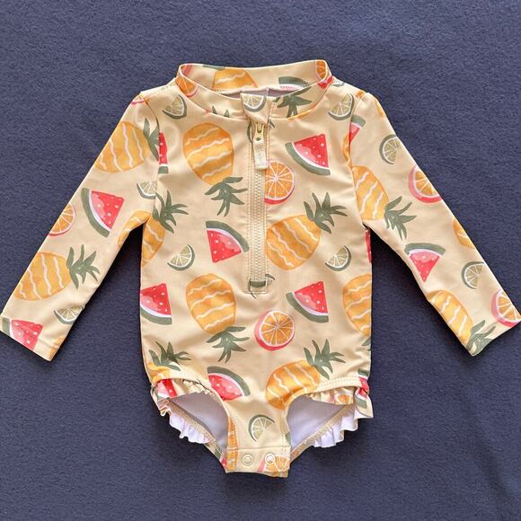 CARTER'S Baby Girls Yellow Long Sleeve Fruit Printed Rash Guard Swim Suit 6M - Picture 4 of 9